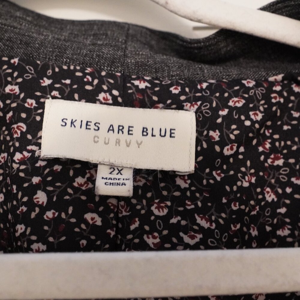 Skies Are Blue Curvy Open Front Blazer 2X Charcoal Ruched Sleeve Floral Lined - Picture 2 of 4